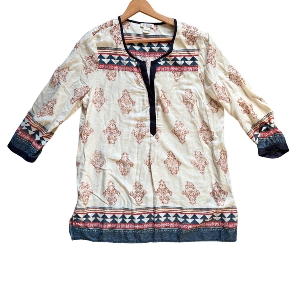 Lucky Brand Women's Tunic Top Size L Cream Red Blue Geometric Print 3/4 Sleeve
